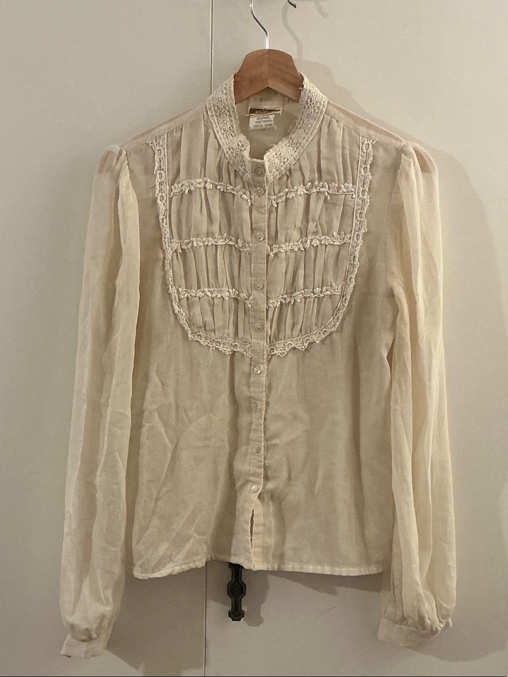 Vintage Gunnies Sax Cream Lace-Trimmed Victorian Blouse - Women's Top